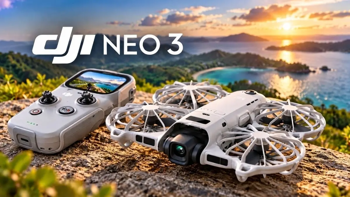 DJI Neo 3 dengan kamera ringkas dan pelindung baling-baling, menggambarkan drone yang dirumorkan untuk kreator perjalanan.