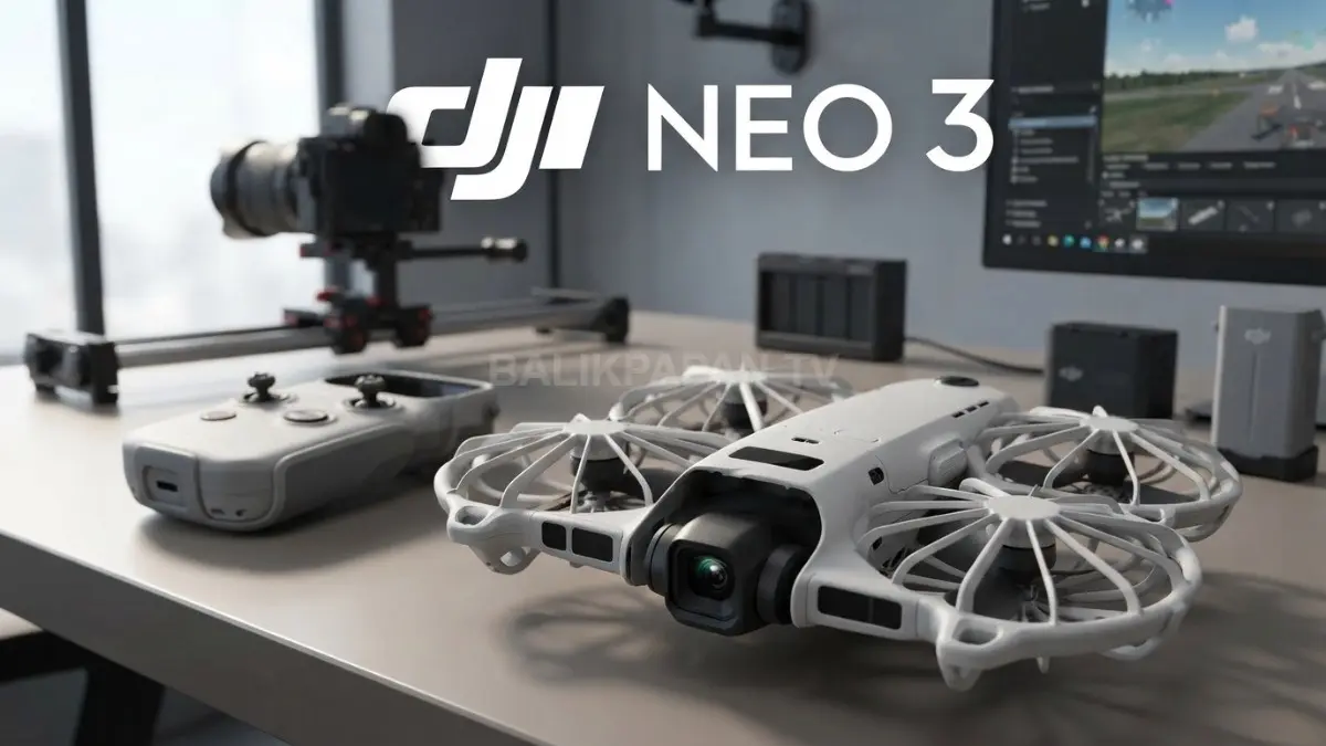 Drone ringkas bersama kontroler layar terintegrasi, menampilkan kemungkinan konfigurasi paket DJI Neo 3 berdasarkan bocoran video