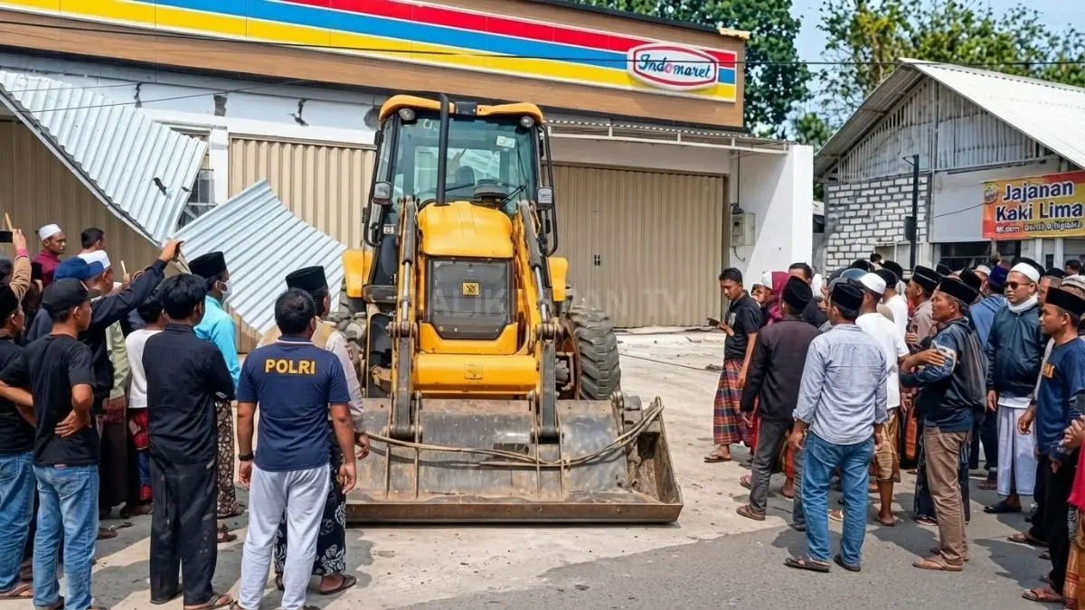 Ekskavator digunakan dalam aksi pembongkaran bangunan minimarket di Desa Panaan, Pamekasan.