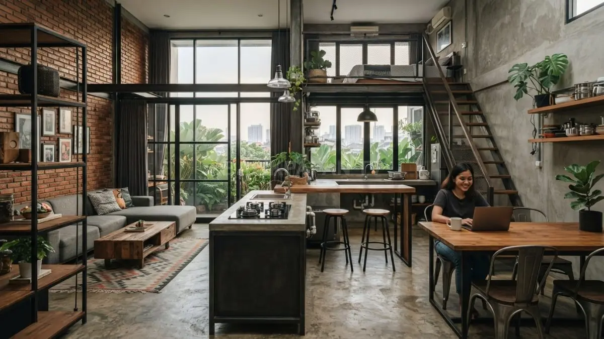 Interior rumah open space industrial berukuran kompak dengan dinding bata merah ekspos, plester semen abu-abu, dan furnitur kayu.