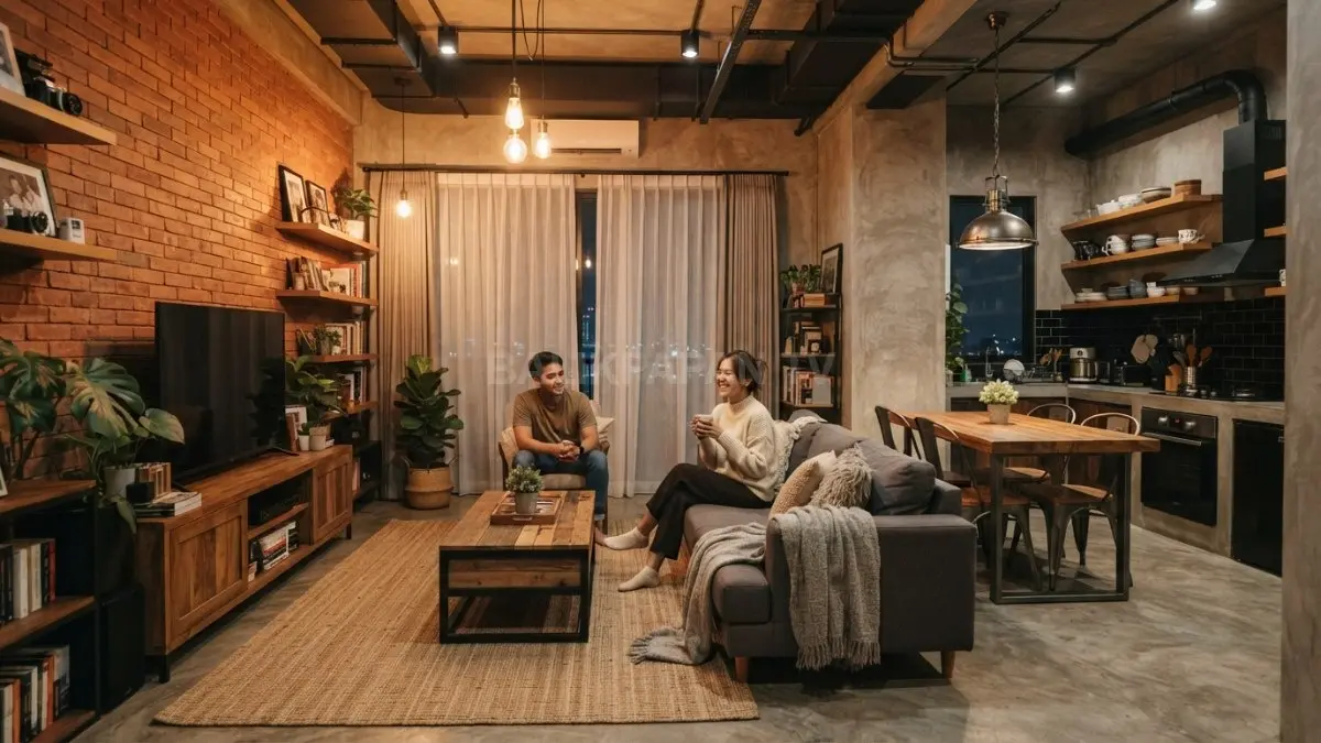 Ruang keluarga bergaya industrial dengan bata merah, furnitur kayu, sofa netral, karpet bertekstur, dan pencahayaan hangat (BTV/AI)