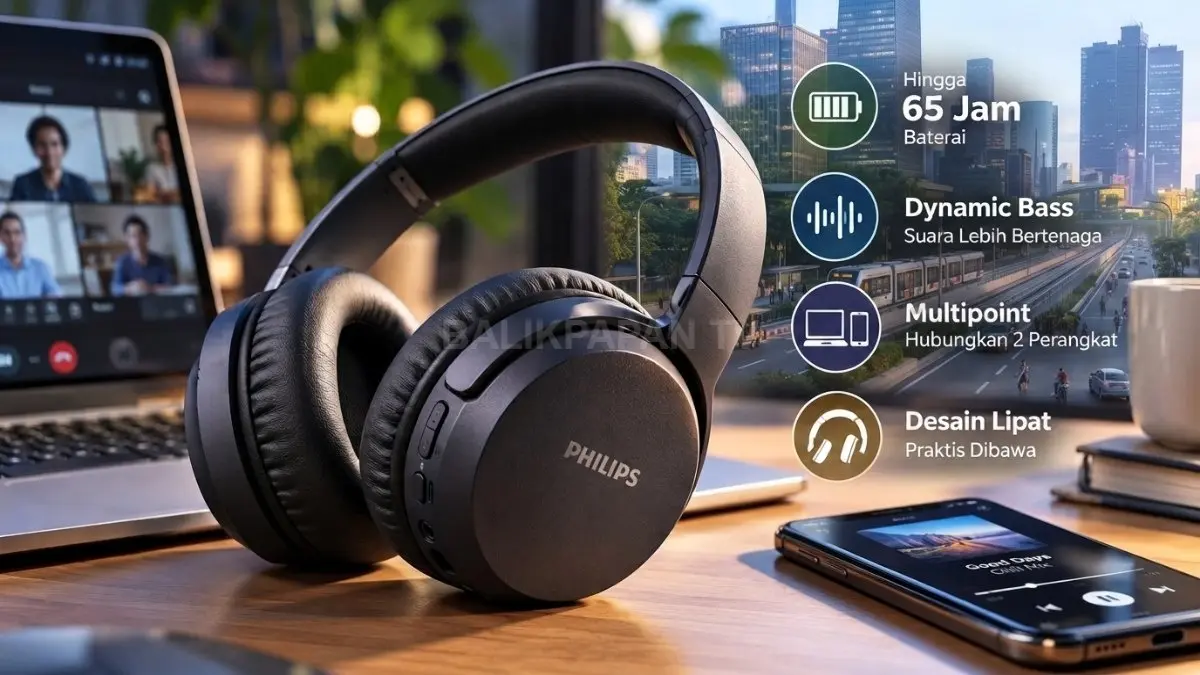 Philips TAH5209, headphone nirkabel dengan baterai panjang, Dynamic Bass, dan desain lipat.