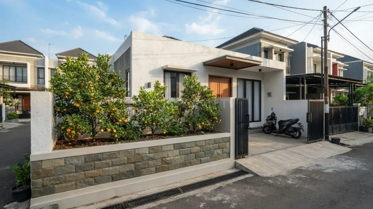 Planter bata ringan berplester dengan aksen batu alam menghadirkan fasad harmonis, elegan, dan cocok untuk tanaman jeruk produktif.