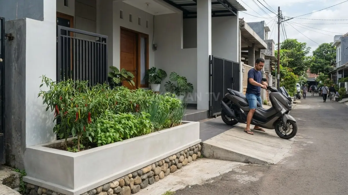 Planter bata ringan berplester dengan cabai, kemangi, dan daun bawang menghadirkan komposisi taman praktis, minimalis, (BTV/AI)
