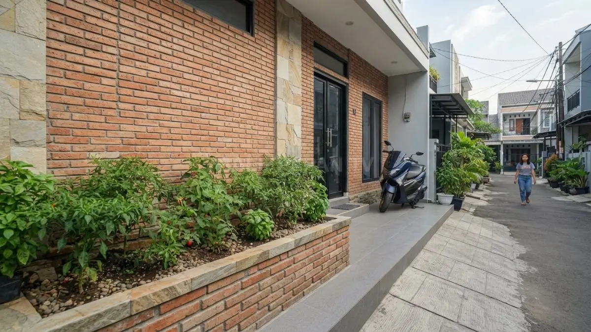 Planter teras rumah fasad enam meter harus mempertimbangkan parkir motor, akses pintu, dan kelonggaran ruang (BTV/AI)