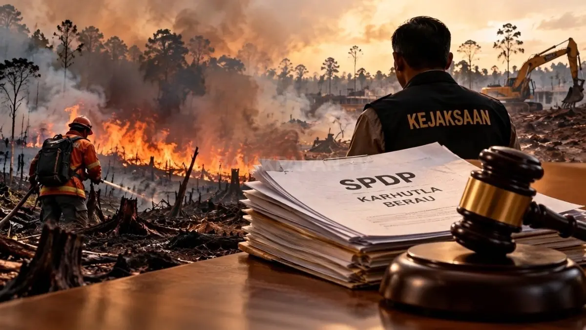Ilustrasi kebakaran hutan dan lahan di Kalimantan Timur serta penanganan perkara oleh aparat penegak hukum.