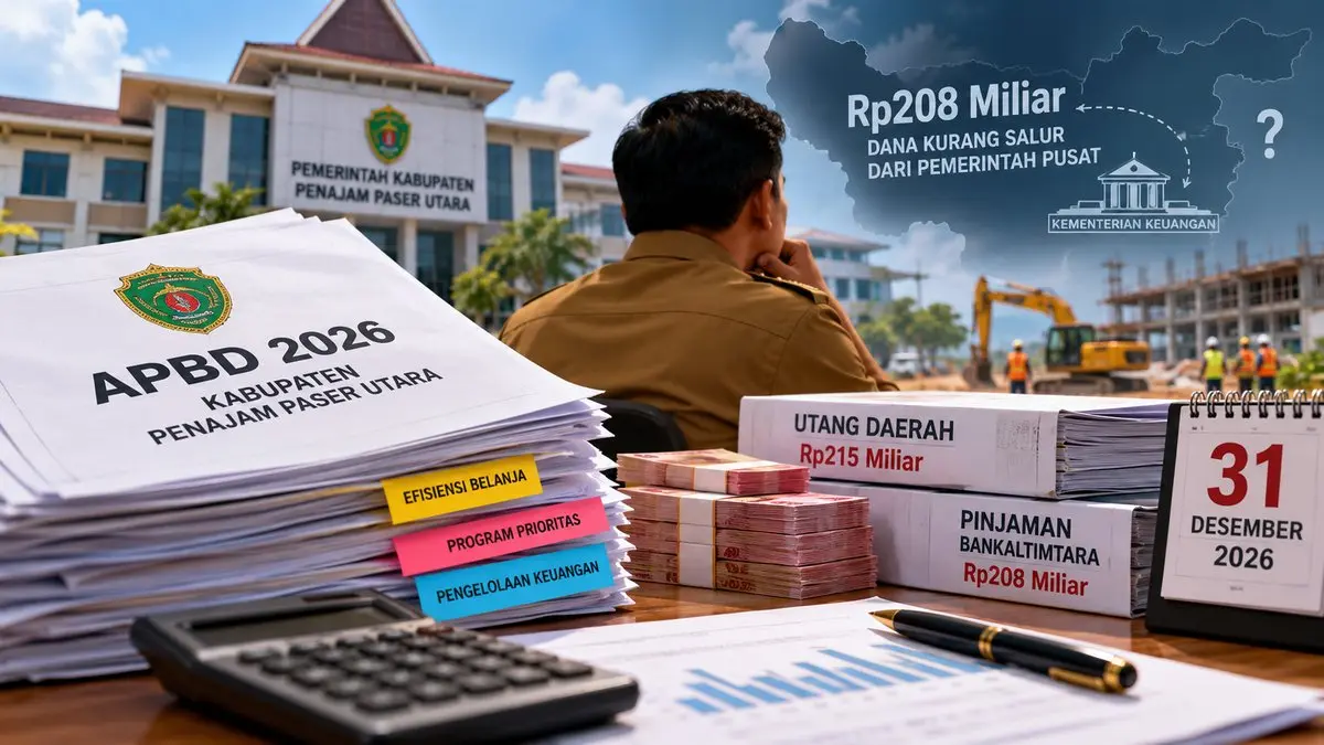 Ilustrasi dokumen anggaran dan aktivitas pembangunan di Penajam Paser Utara, terkait pengetatan belanja serta pembayaran utang daerah.