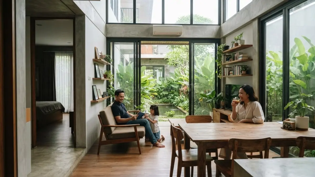 Zonasi ruang keluarga dan kamar pada rumah 6 × 15 meter menjaga aliran udara silang tetap optimal. (BTV/AI)