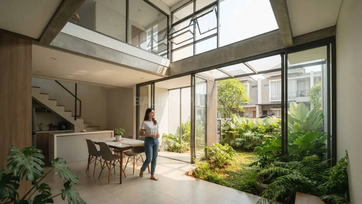 Zonasi rumah 6 × 15 meter mengatur taman, bukaan, dan ventilasi silang agar udara mengalir optimal. (BTV/AI)