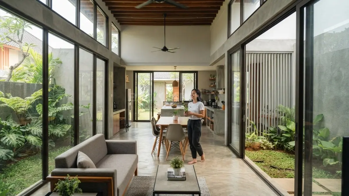 Zonasi rumah 6 × 15 meter mengoptimalkan ruang, taman, bukaan, dan ventilasi silang alami. (BTV/AI)