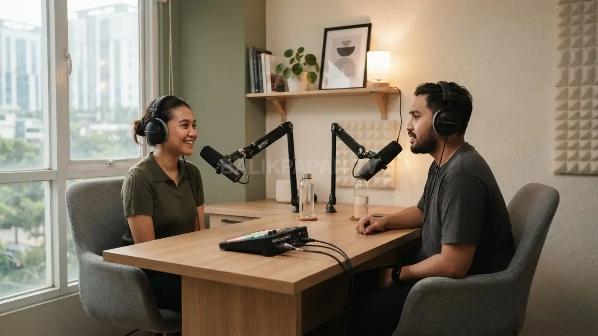 Studio rumahan multifungsi dengan mikrofon fleksibel, kabel rapi, dan perangkat rekaman yang mudah dipindahkan (BTV/AI)
