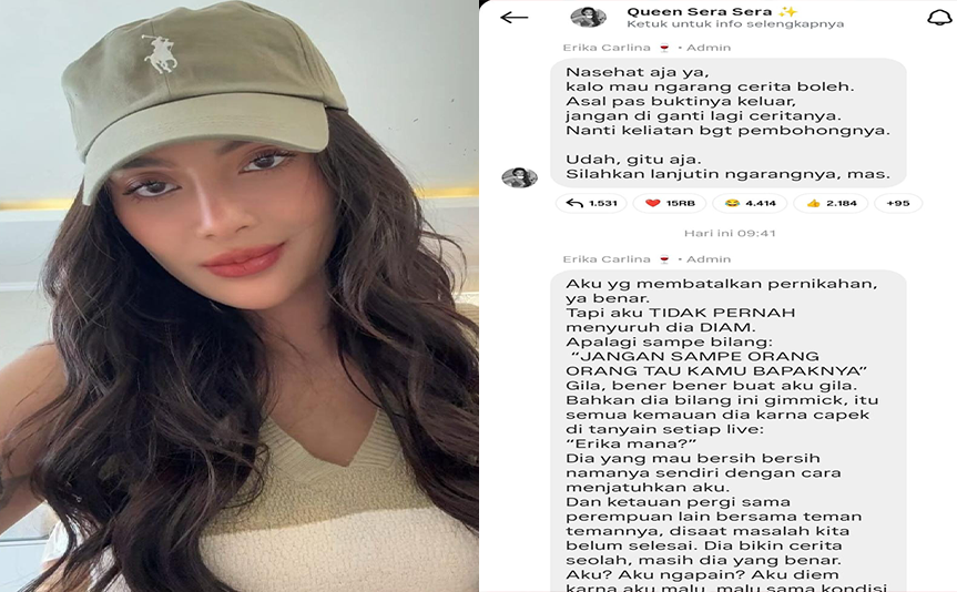 Erika Carlina membagikan respon melalui saluran Instagram.