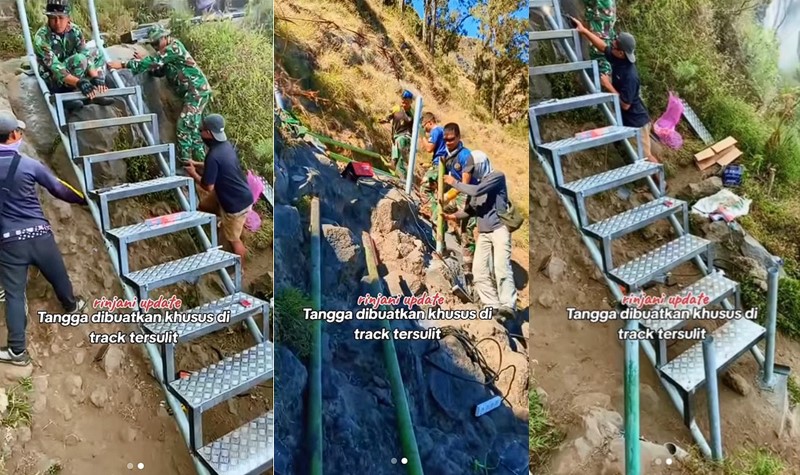 Pemasangan tangga di beberapa jalur di Gunung Rinjani