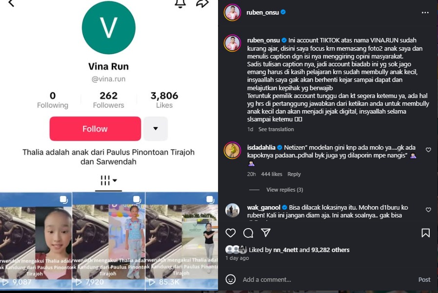 Tangkapan layar postingan Ruben Onsu.