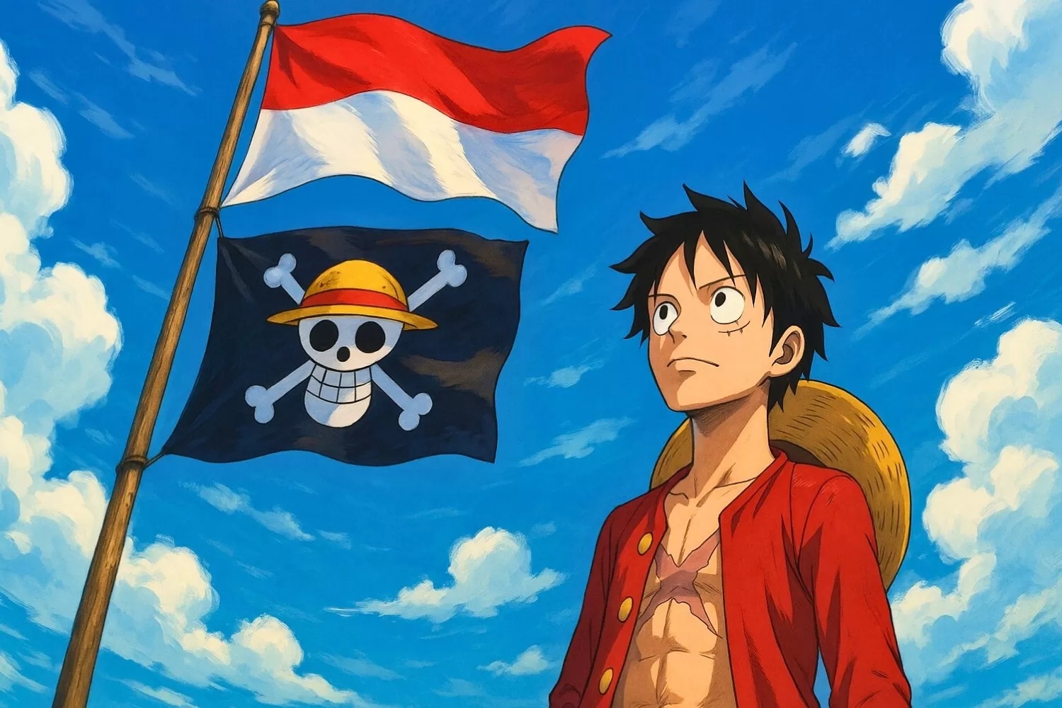 Ilustrasi bendera Merah Putih dan bendera bajak laut "One Piece".