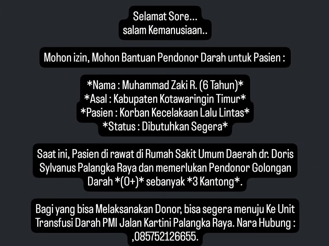 M Zaki R butuh donor darah