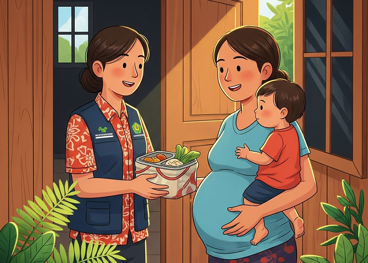 Ilustrasi hangat program Makan Bergizi Gratis di Palangka Raya, menunjukkan seorang ibu hamil dan anaknya menerima porsi makanan sehat.