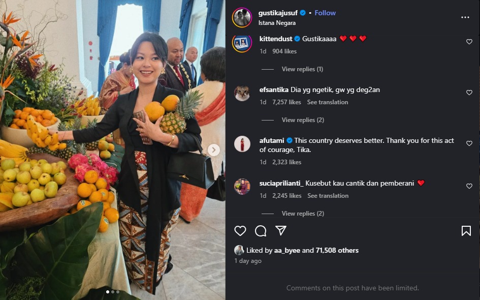 Postingan Gustika Jusuf Hatta di Instagram.