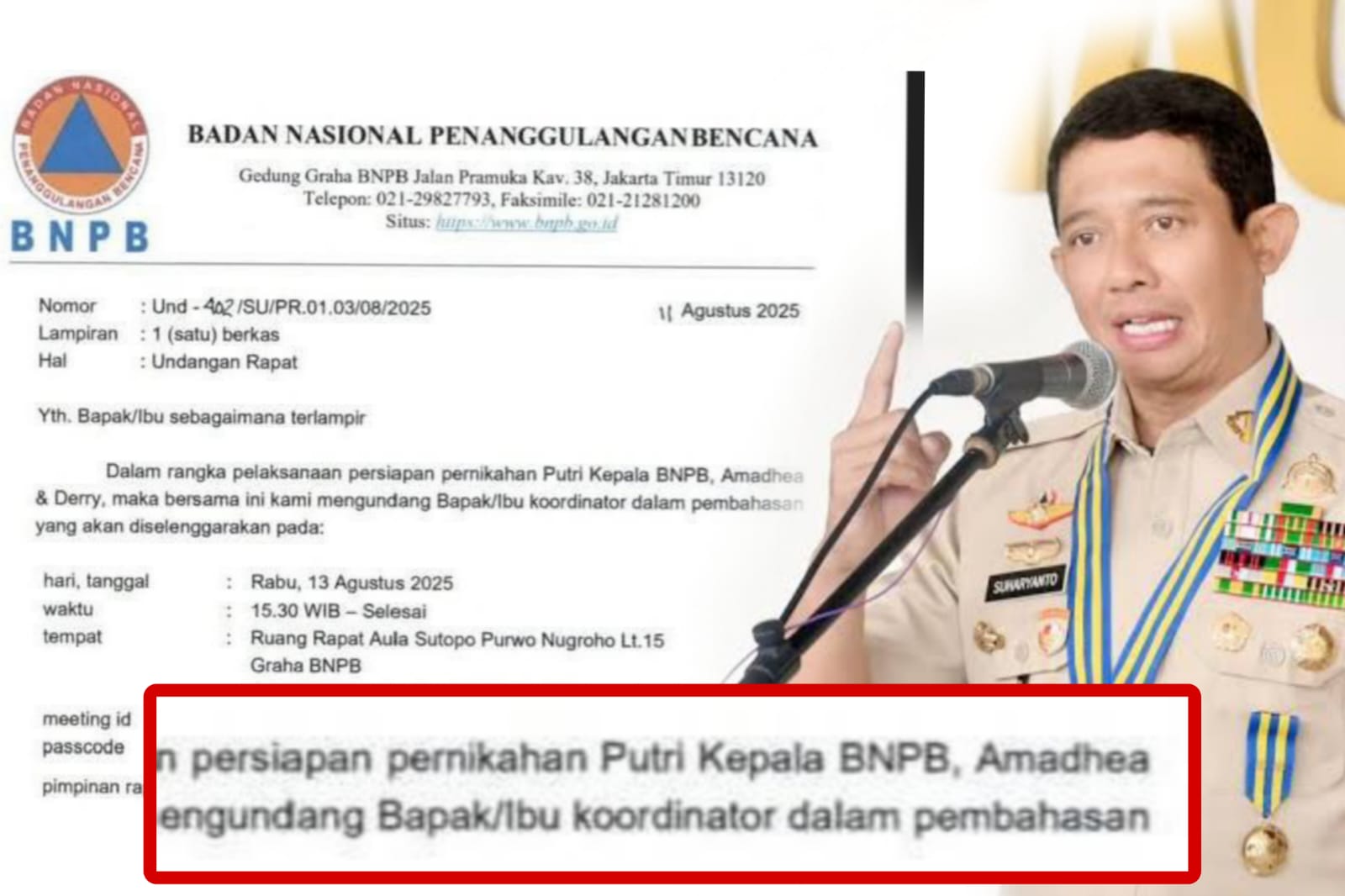 Viral surat undangan persiapan pernikahan anak Kepala BNPB Letjen TNI Suharyanto