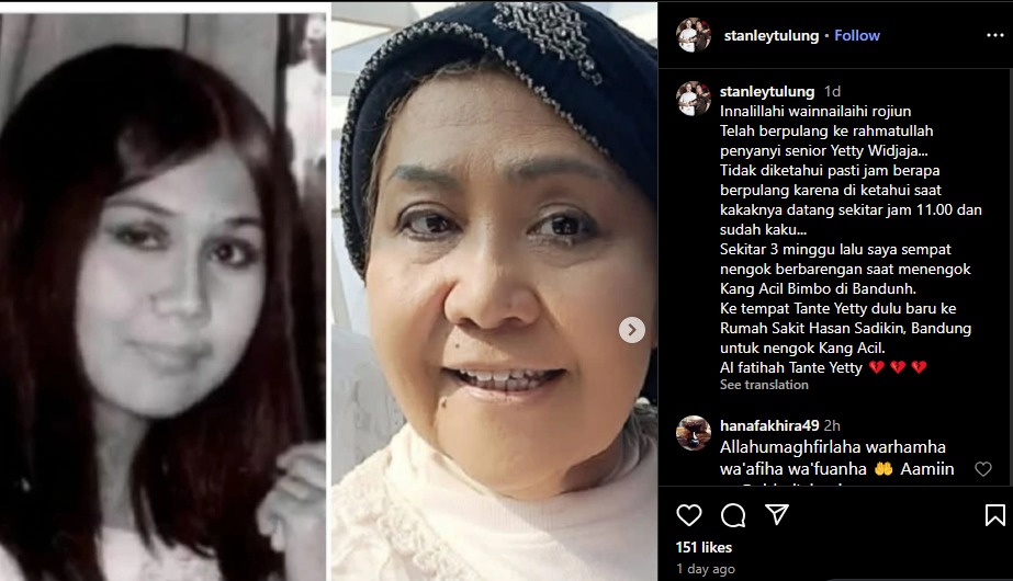 Penyanyi era 80-an Yetty Wijaya meninggal dunia.