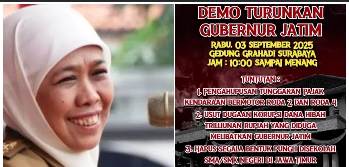 Jatim Menggugat akan gelar demo desak Gubernur Khofifah mundur.