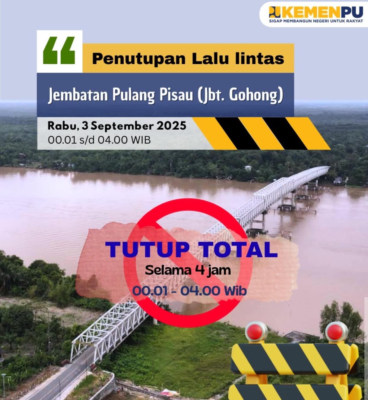 Rencananya akan dilakukan penutupan total Jembatan Pulang Pisau di jalur Palangka Raya - Pulang Pisau, Kalimantan Tengah.