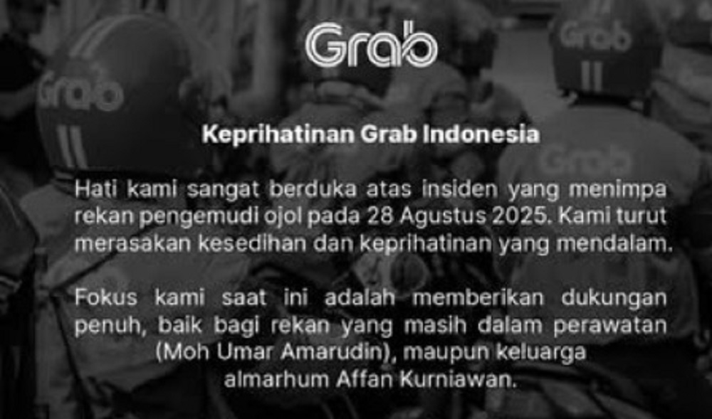 Ungkapan belasungkawa Grab kepada mitra pengemudi ojek online yang menjadi korban demo buruh 28 Agustus 2025.