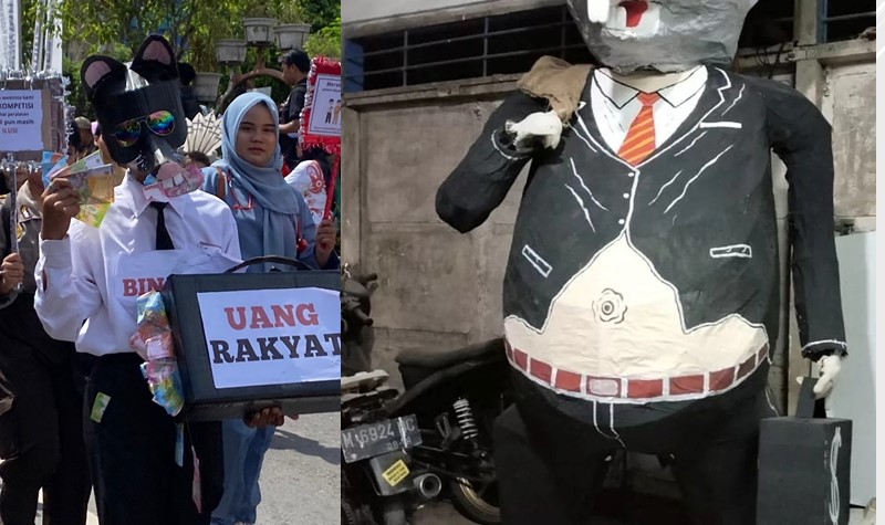 Cospay tikus berdasi di sampit (kiri) dan patung tikus berdasi di Bangkalan, Jawa Timur (kanan).