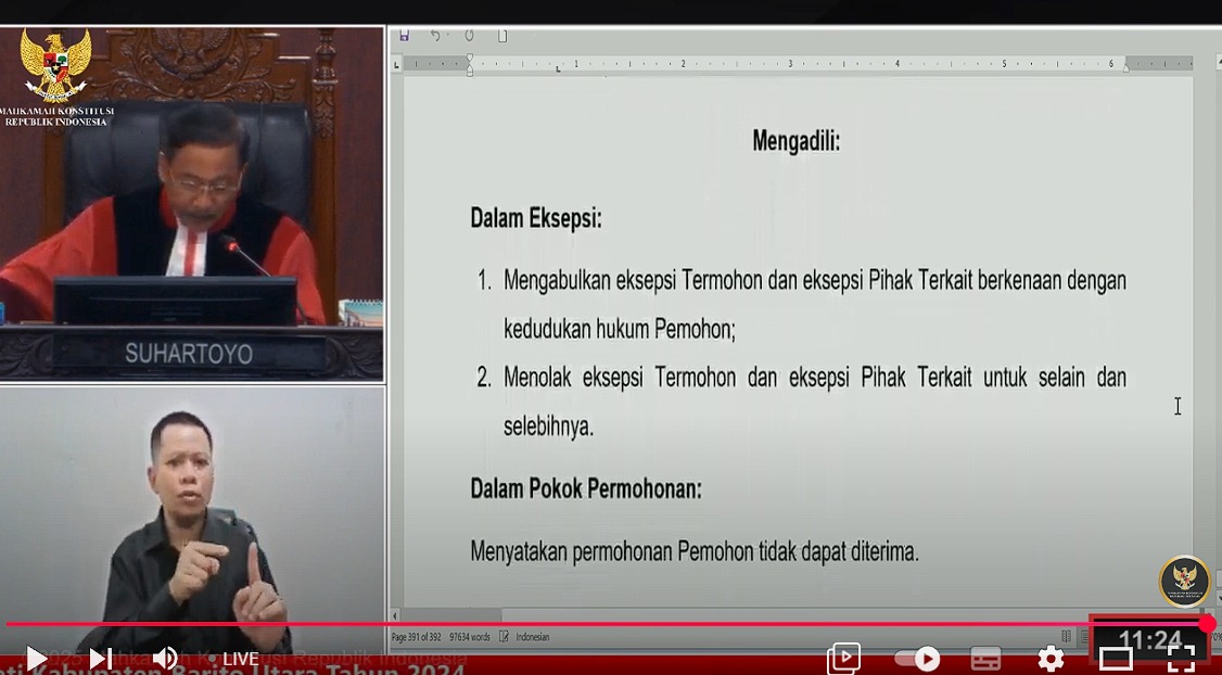 Tangkapan layar pembacaan putusan MK sidang perkara PHPU gubernur dan bupati tahun 2024 melalui live streaming, Rabu (17/9/2025).
