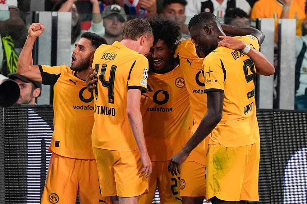 Pemain Borussia Dortmund merayakan gol ke gawang Juventus.UEFA