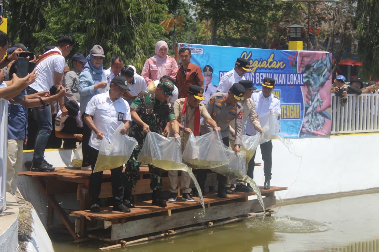 Pangdam XXII/Tambun Bungai, Mayjen TNI Zainul Arifin, bersama Gubernur Kalteng H Agustiar Sabran serta usnsur forkopimda melaksanakan restocking benih ikan lokal di kolam Taman Rusa Buntok.PENREM