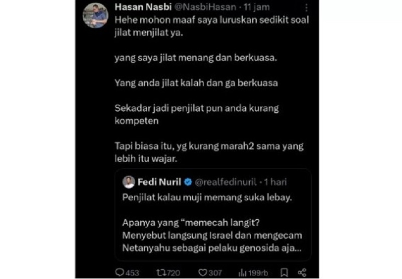 Tangkapan layar debat sengit Hasan Hasbi dengan Fedi Nuril di media X.