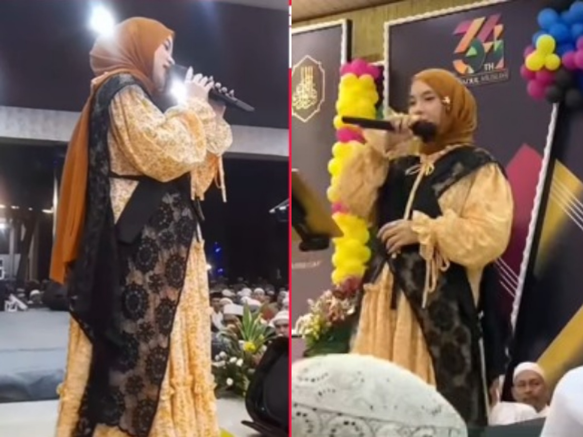 Tangkapan layar video Nisa Sabyan tampil bernyanyi dalam sebuah acara.