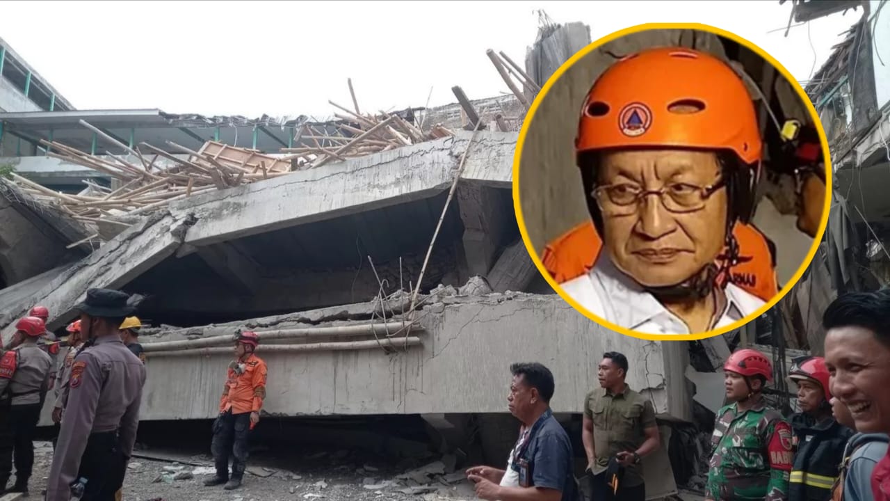 Menteri Agama Nasaruddin Umar saat meninjau lokasi ambruknya musala di Ponpes Al Khoziny. (JAWA POS)