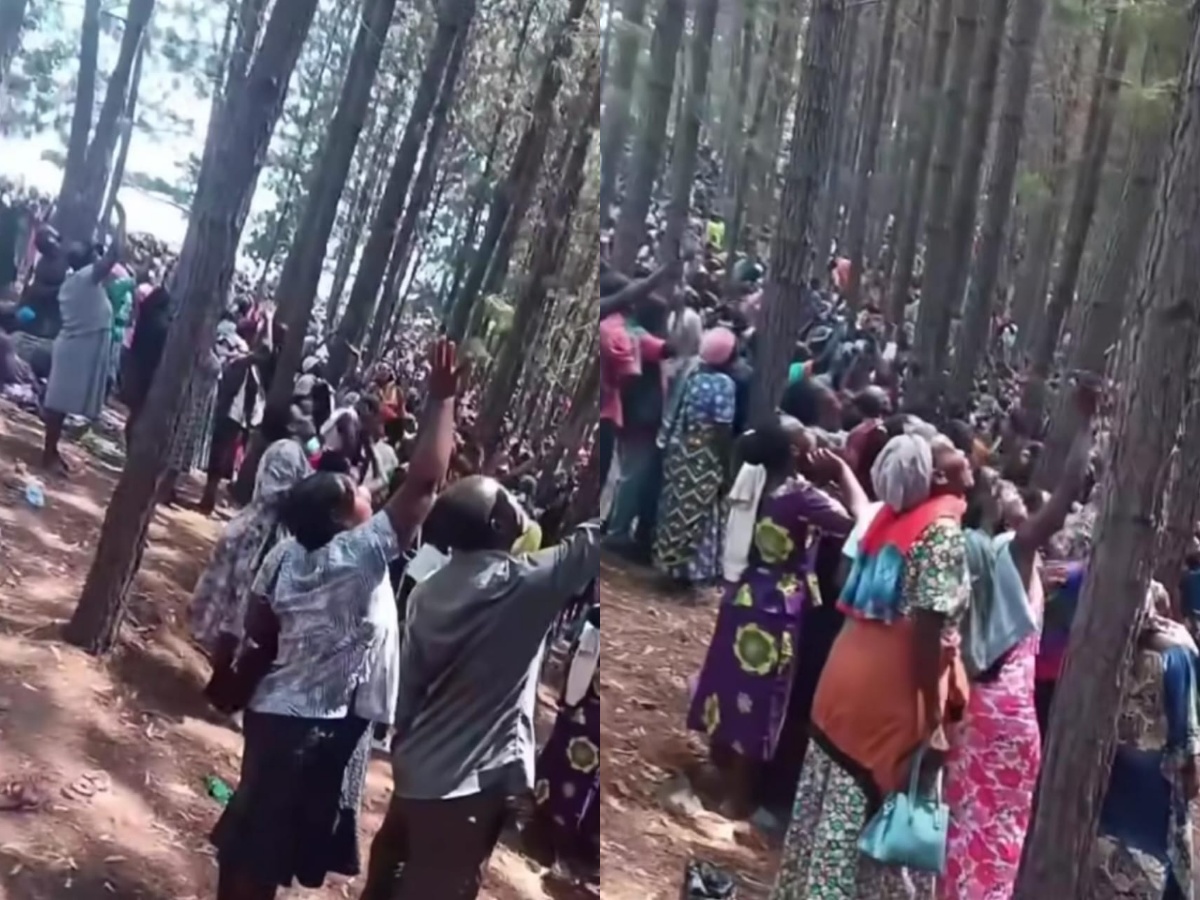 Tangkapan layar video yang beredar di media sosial warga Uganda berkumpul di hutan.