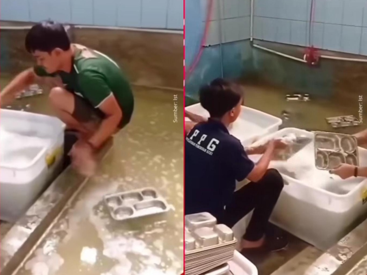 Tangkapan layar video viral tim cuci ompreng MBG dengan air keruh.