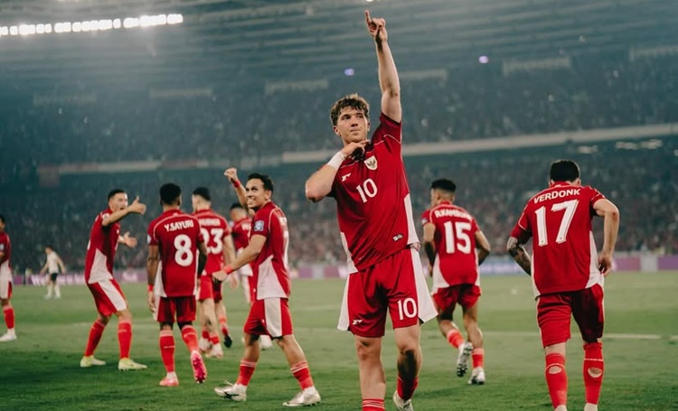 Selebrasi Ole Romeny usai mencetak gol bagi Timnas Indonesia di putaran 3 Kualifikasi Piala Dunia 2026 zona Asia. (Sumber: Instagram @oleromeny)