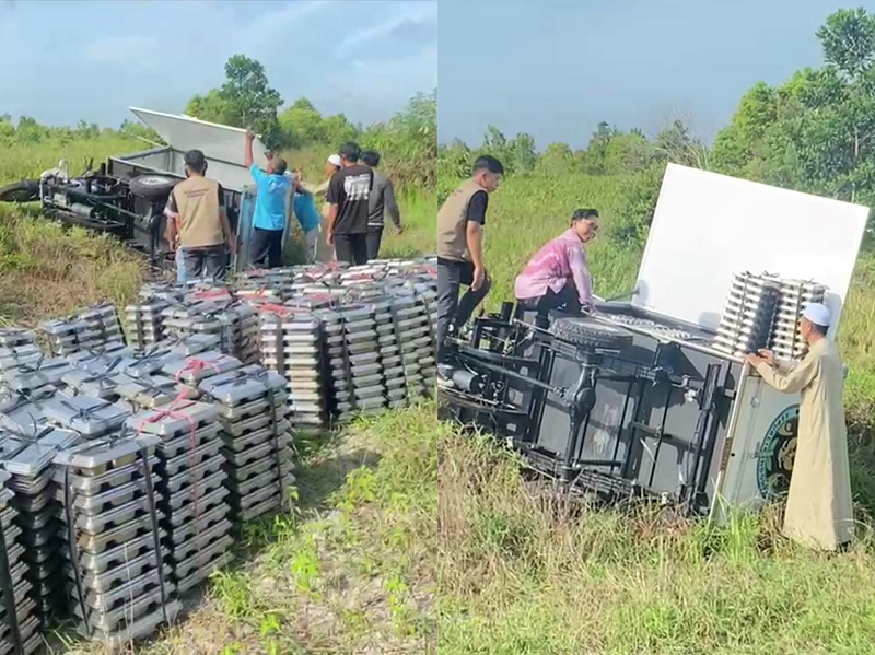 Kendaran roda tiga pembawa MBG nyungsep.WARGA