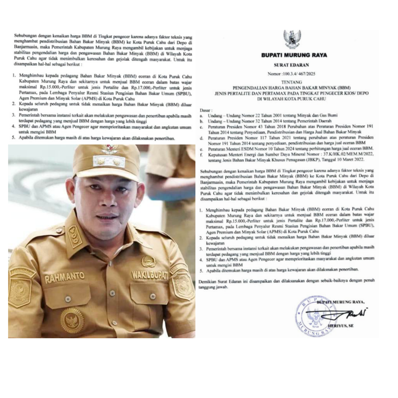 Wakil Bupati Murung Raya, Rahmanto Muhidin dan surat edaran.