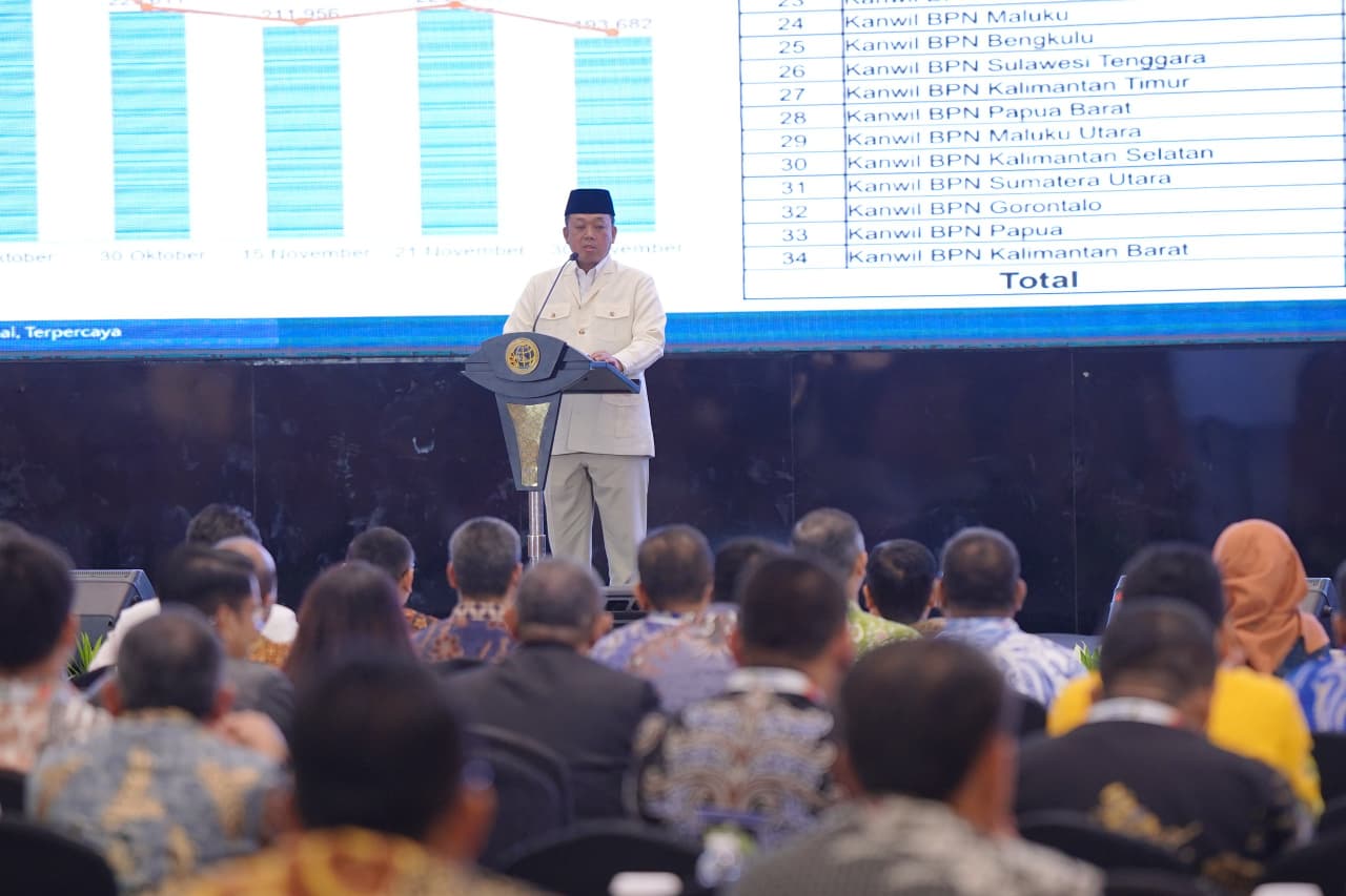 Menteri Nusron saat membuka secara resmi membuka Rakernas Tahun 2025.HUMAS