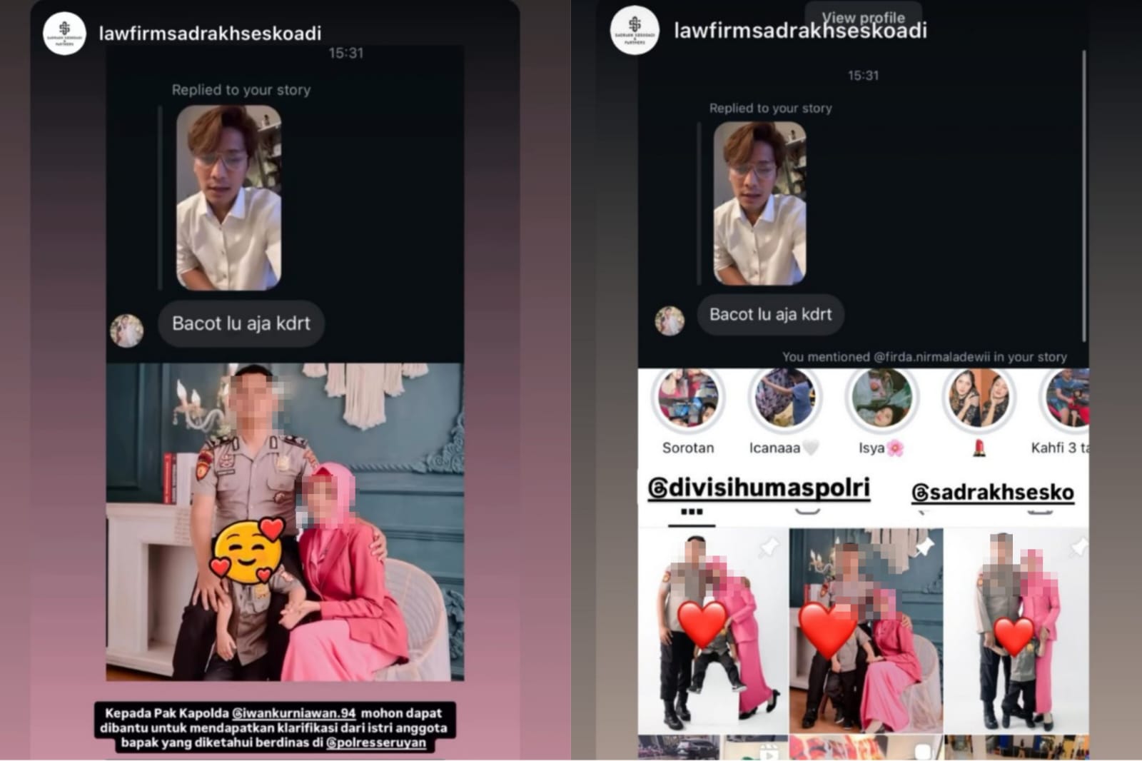 Unggahan story kuasa hukum Rizky Billar. IG @lawfirmsadrakhseskoadi