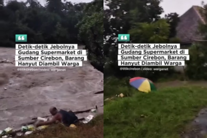Menyoroti insiden jebolnya isi gudang supermarket di Cirebon, warga berlarian ambil barang yang hanyut di sungai. (Instagram.com/@titikcirebon)