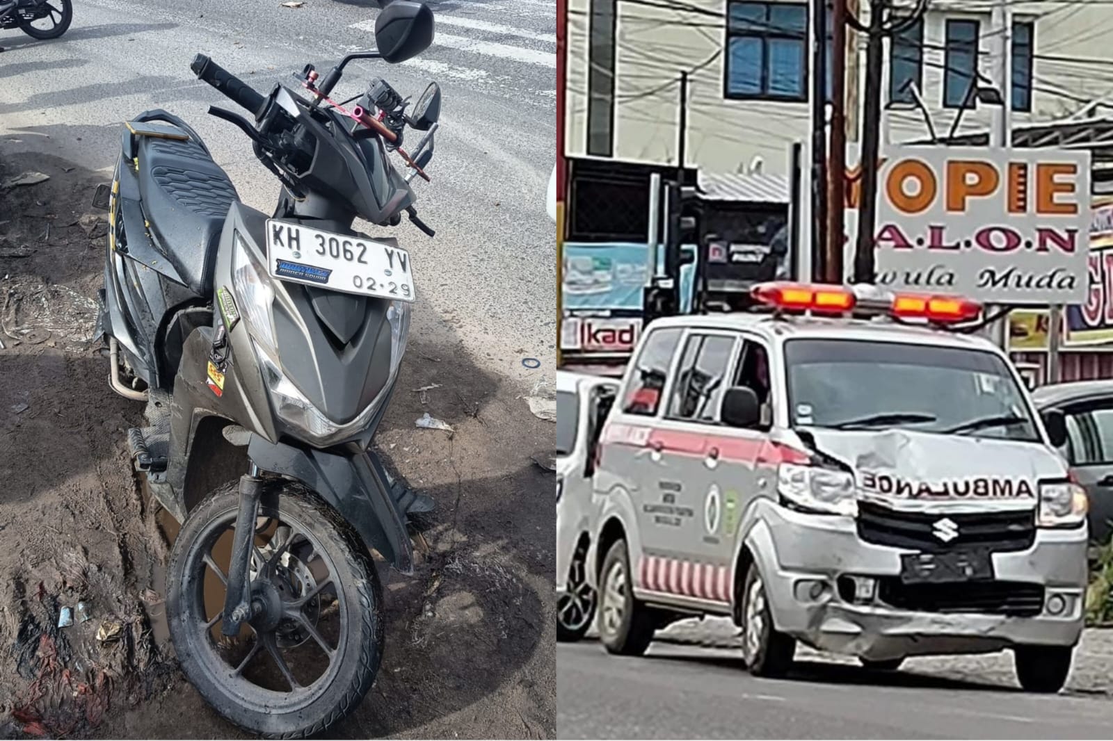 Ambulans dan sepeda motor yang dikendarai ojol.