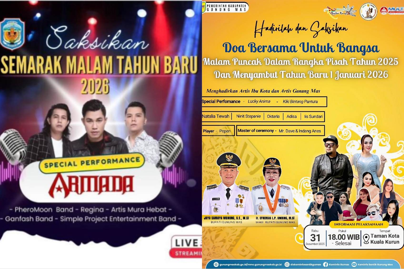 Dua pamplet gelaran malam tahun abru di Kuala Kurun dan Puruk Cahu.
