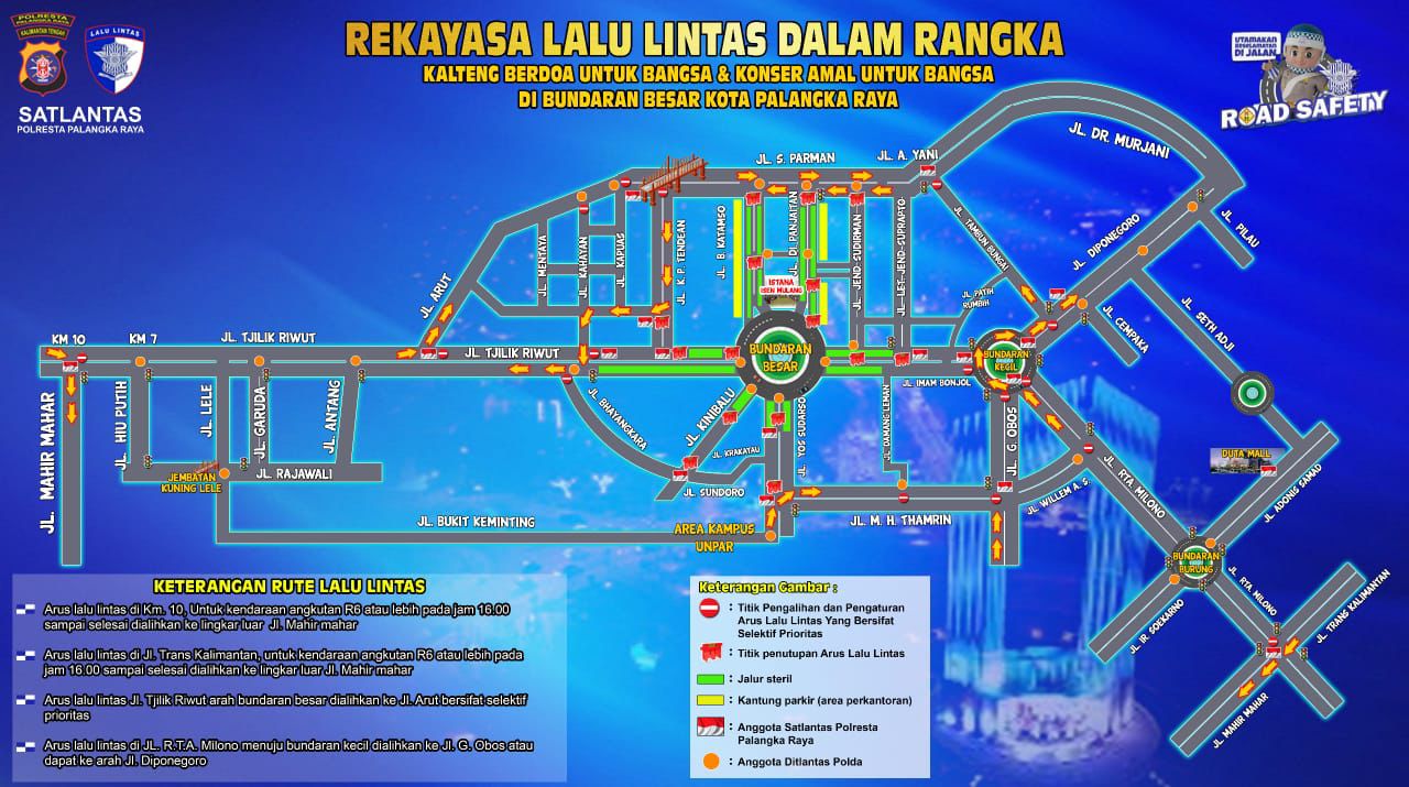Sketsa rekayasa lalu lintas malam tahun baru 2026 di Palangka Raya.