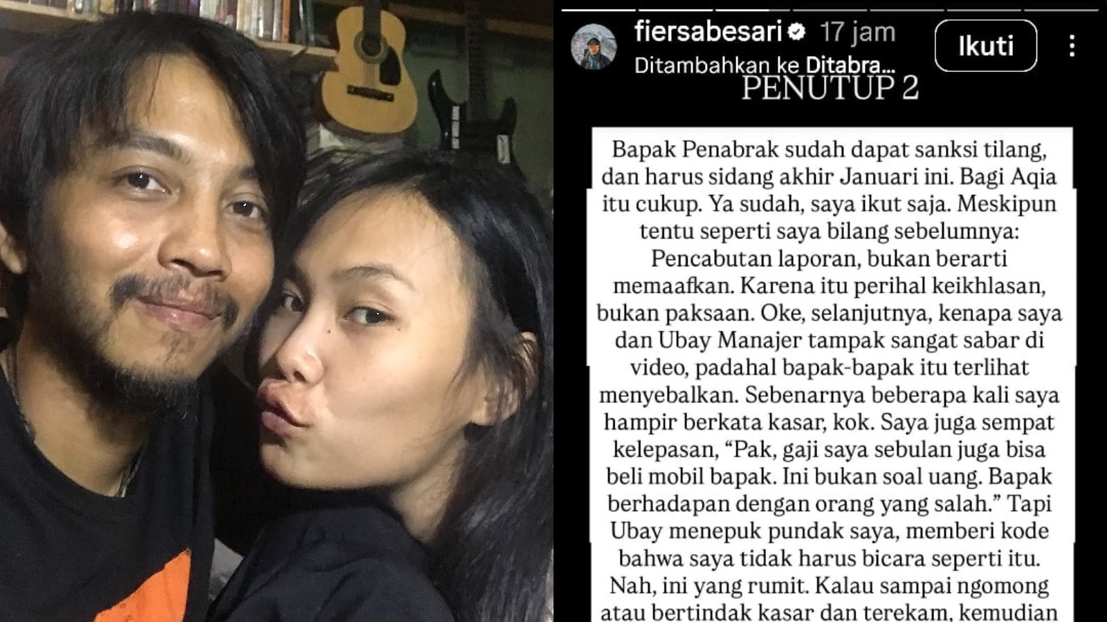 Musisi sekaligus penulis kenamaan, Fiersa Besari. Sang istri, Aqia Nurfadla, mengalami insiden kecelakaan saat berada di Stasiun Gambir, Jakarta Pusat, pada Sabtu (3/1/2026). IG : fiersabesari