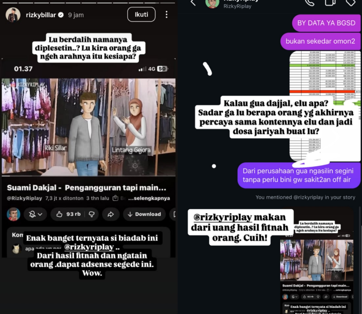 Instastory Rizky Billar menyoroti akun youtube Rizky Riplay.
