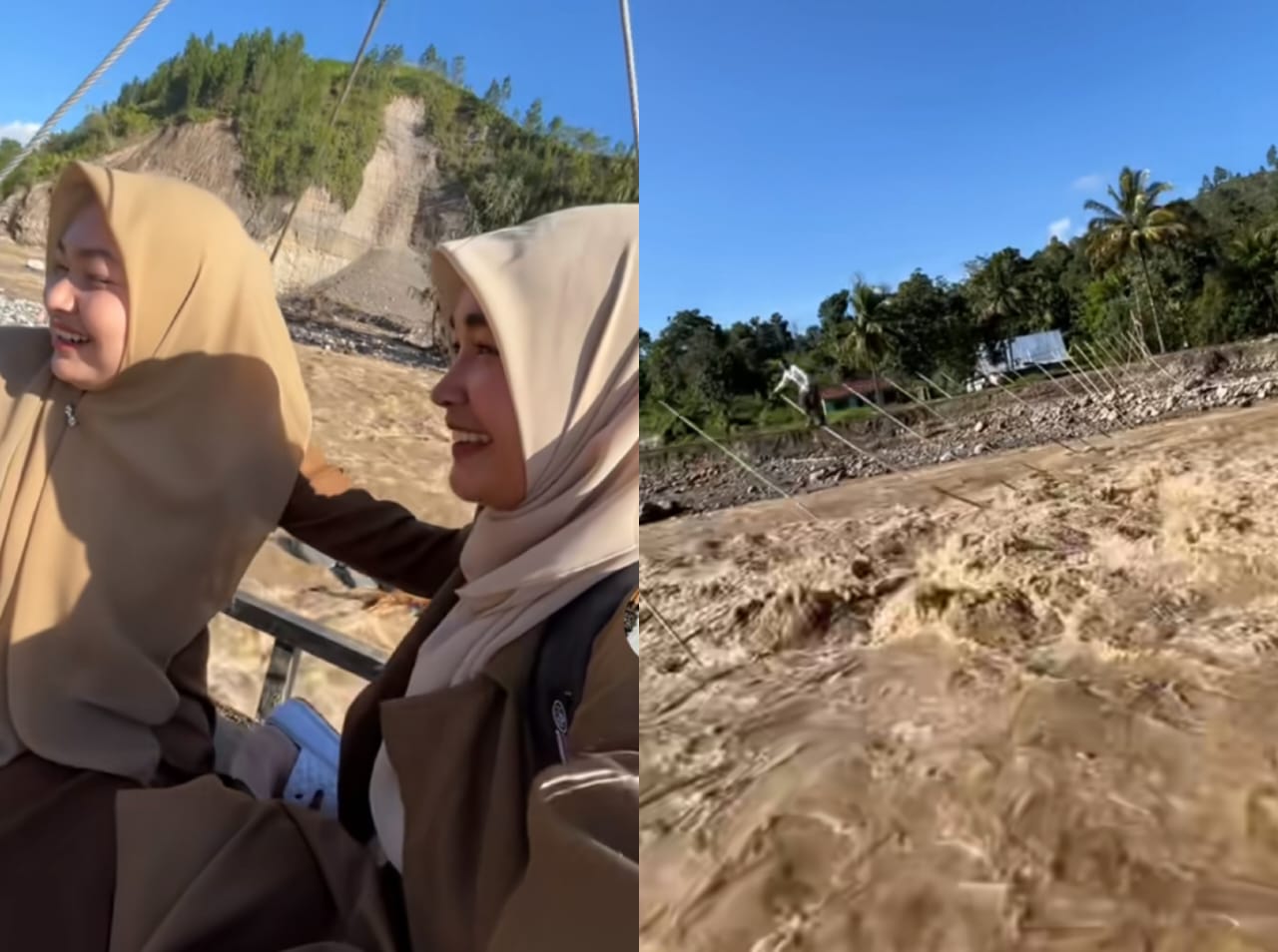 Perjuangan guru di Aceh Tengah menyeberangi sungai dengan tali sling saat akan mengajar di sekolah. (TikTok/rahmisasmitasari)