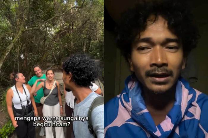 Menyoroti penjelasan seorang tour guide di Kalimantan tentang sungai air hitam yang kini dinilai mulai tercemar oleh limbah tambang emas. (Instagram.com/@orangudeny)