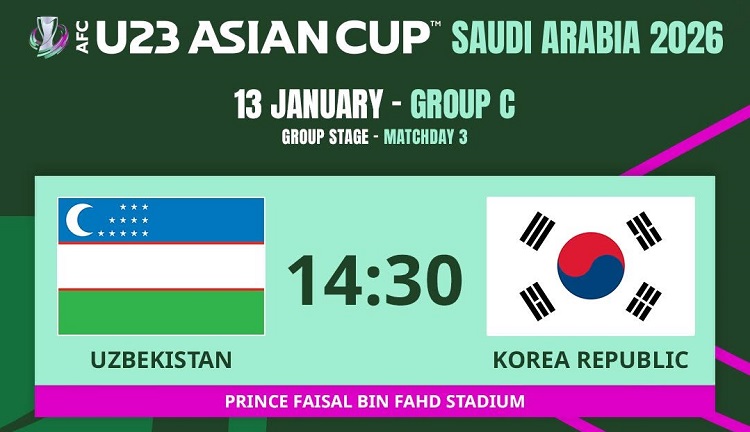 Uzbekistan bersiap menjajal kekuatan Korsel pada partai pemungkas penyisihan Grup C Piala Asia U23 AFC 2026 di Prince Faisal bin Fahd Stadium, Riyadh, Selasa (13/01/2026). (Sumber: Instagram @afcasian